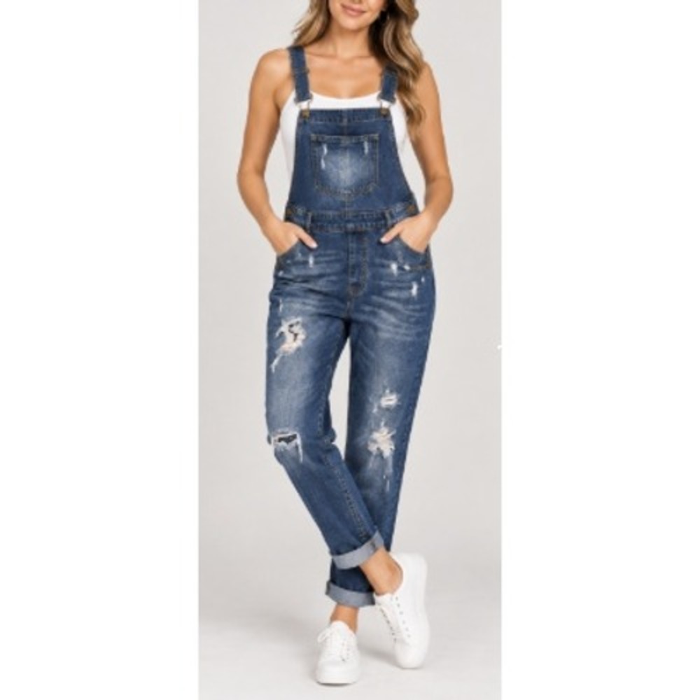 Almost Famous Women's Medium Wash Frayed Hem Distressed Denim Overalls Size L